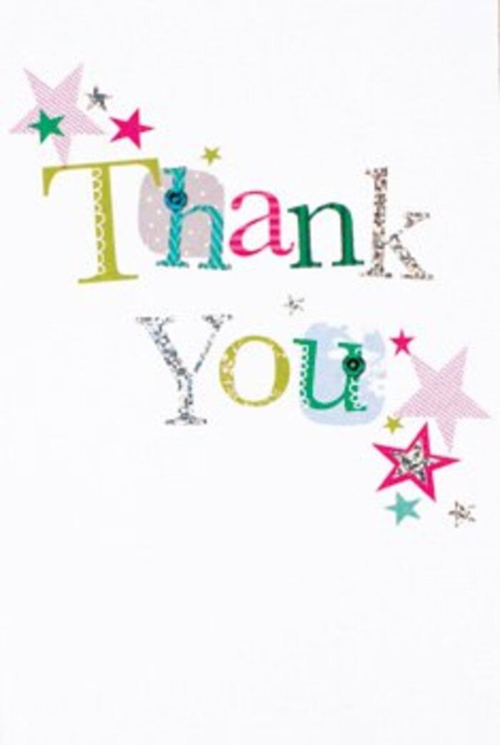 Every curve of lettering on this thank you card brings a quietly exuberant elegance, echoing the fresh creativity found in Beckenham's thriving floristry scene. Some letters appear dappled with playful polka dots, others elegantly outlined in silvery highlights or graceful stitched lines, each expressing a unique melody of personality. Colourful stars cluster near the message-some striped with sparkling fuchsia, others washed in deep turquoise or a gentle silvery shine-adorning the card like blessings after a special event in Alexandra Recreation Ground. The design feels modern and sophisticated, the airiness of the white background giving the colours and patterns a sense of effortless movement, evocative of flower petals floating gently to earth. This is a thank you card that would complement any bouquet with grace, neither too formal nor too reserved, expressing a universal warmth. Like an unforgettable gesture shared with friends on a sunny Beckenham afternoon, it uplifts and endures-an ideal choice from your trusted local florist for marking any moment of meaningful gratitude.